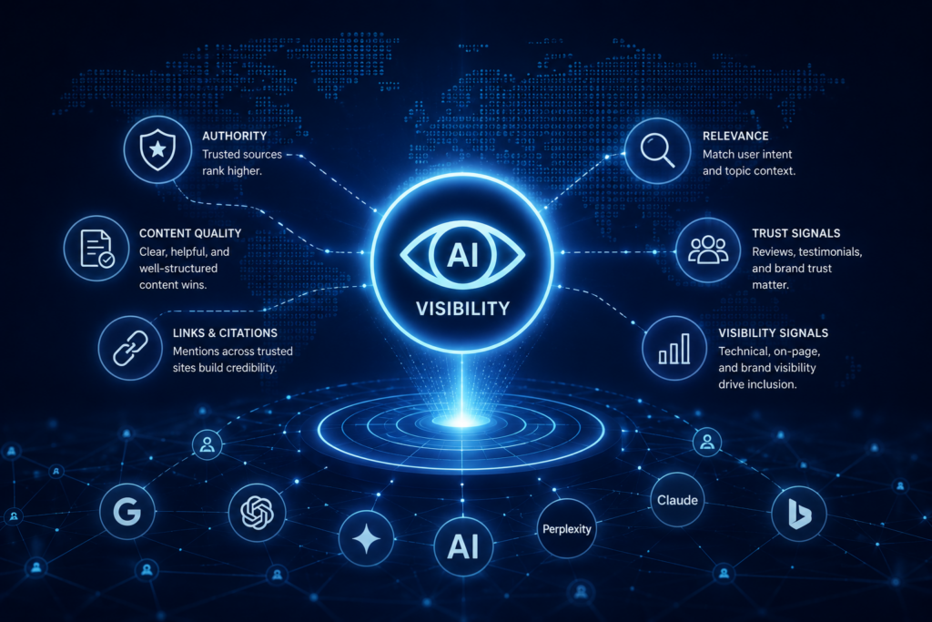 AI visibility and recommendation strategy visualization showing authority, trust signals, relevance, and recommendation pathways