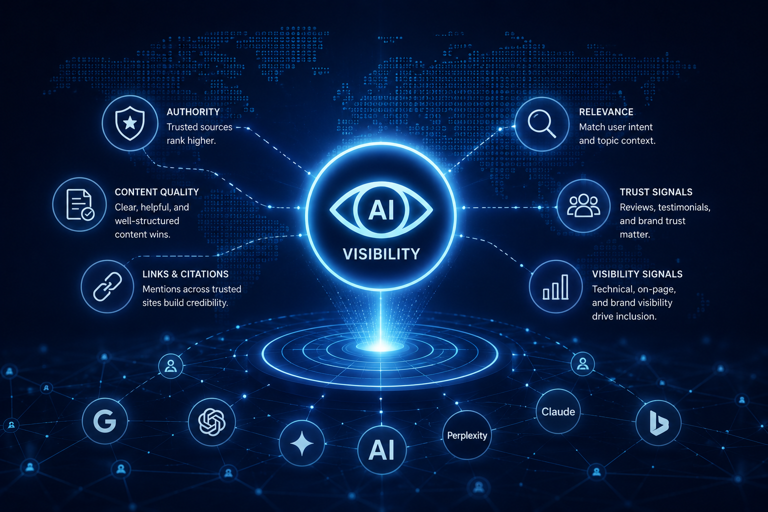 AI visibility and recommendation strategy visualization showing authority, trust signals, relevance, and recommendation pathways